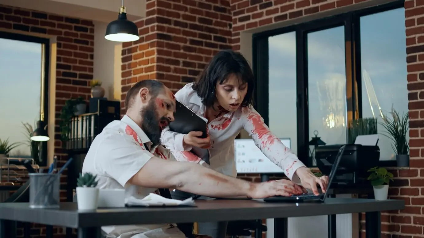 Ein furchteinflößender Büro-Zombie mit blutigen Wunden arbeitet am Arbeitsplatz an einem modernen Laptop. Dieses gehirnfressende, böse Monster mit tiefen Narben versucht, den Computer zu bedienen, als eine tote, unheimliche, wandelnde Frau kommt und hilft.